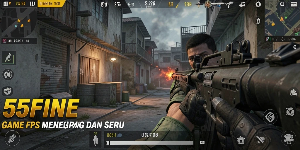 Screenshot gameplay 55FIVE yang menampilkan aksi mendebarkan dalam pertempuran FPS.