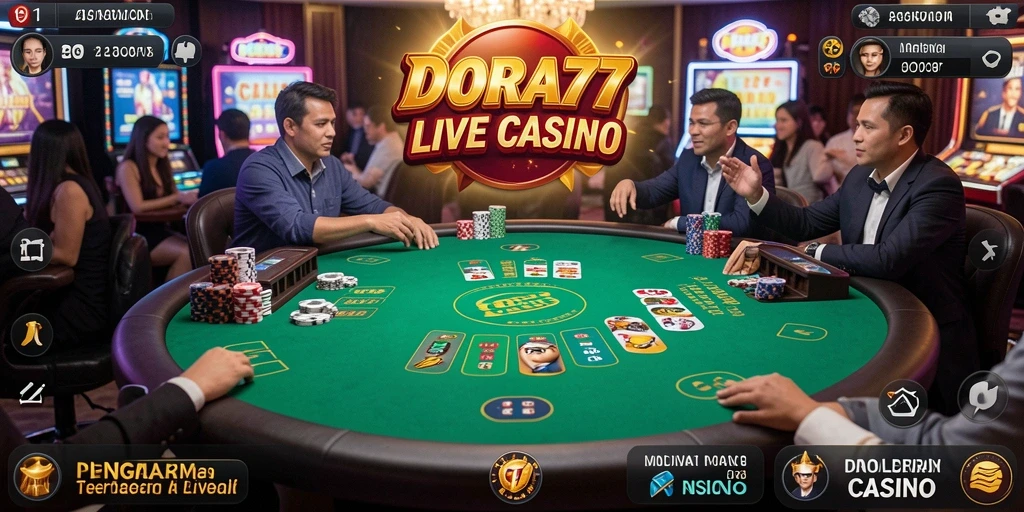 Screenshot DORA77 menunjukkan dealer live yang profesional di tengah permainan kasino.