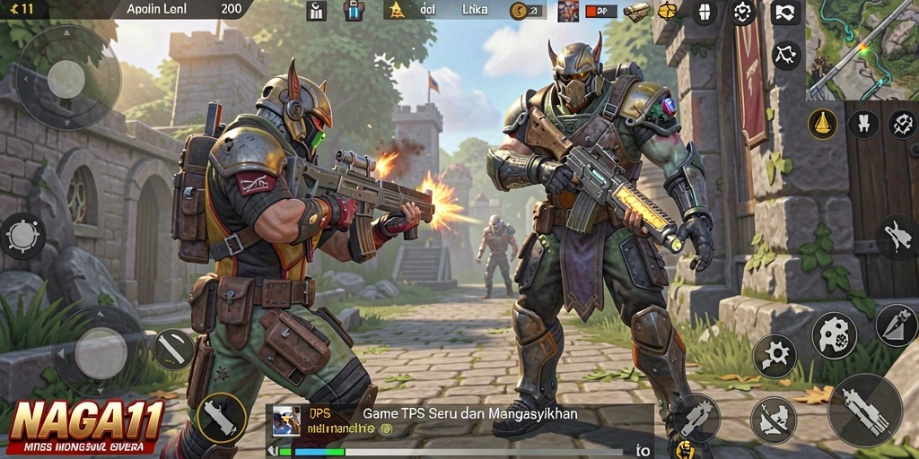 Screenshot gameplay NAGA11 menggambarkan aksi tembak-menembak yang mendebarkan.