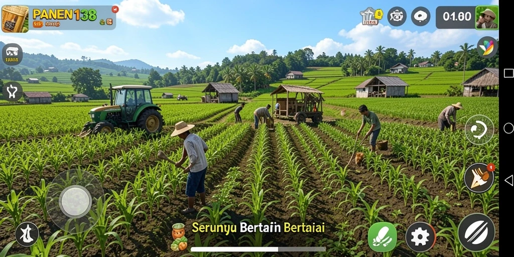 Tangkapan layar menunjukkan pengalaman bertani yang menyenangkan dan interaktif.
