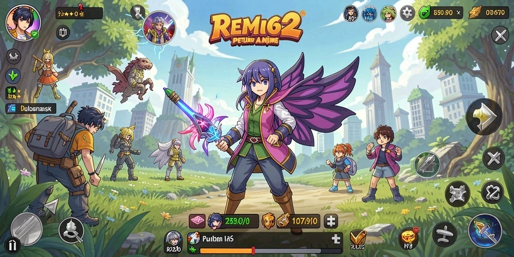 Tampilan gameplay REMI62 yang penuh warna dan karakter Anime menarik.