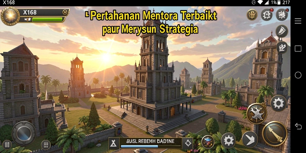 Tampilan gameplay menegangkan dengan strategi menara di X168.